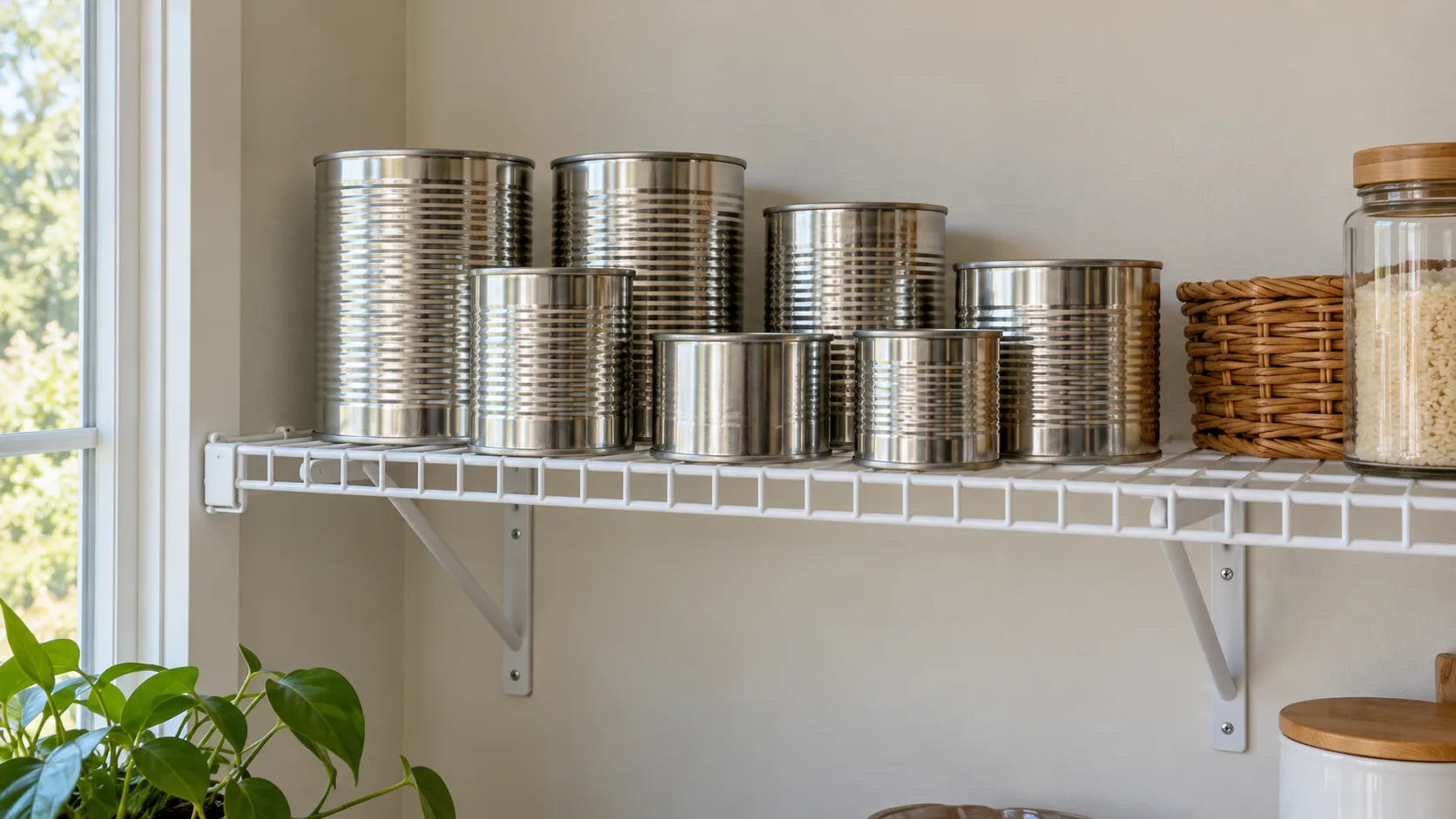 Unlabeled metal cans on a plain white ventilated wire pantry shelf