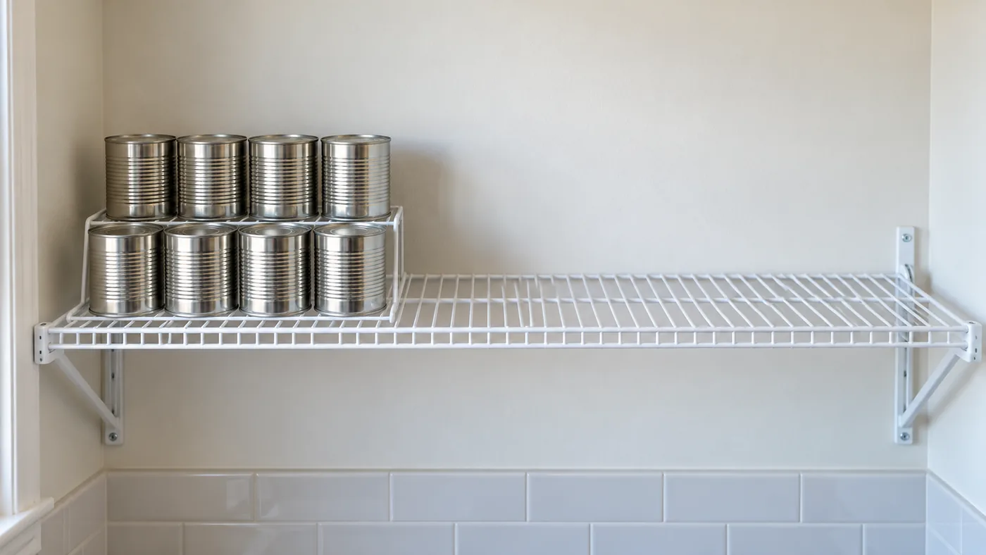 A short can riser on the left of an otherwise empty wire shelf
