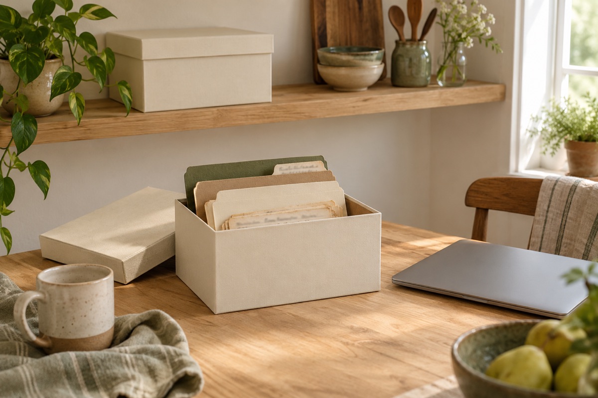 Old handwritten recipe cards in plain folders and storage boxes next to a closed laptop