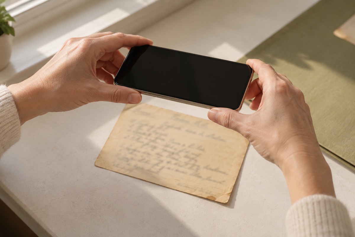 A phone positioned above one old recipe card on a plain surface to photograph it