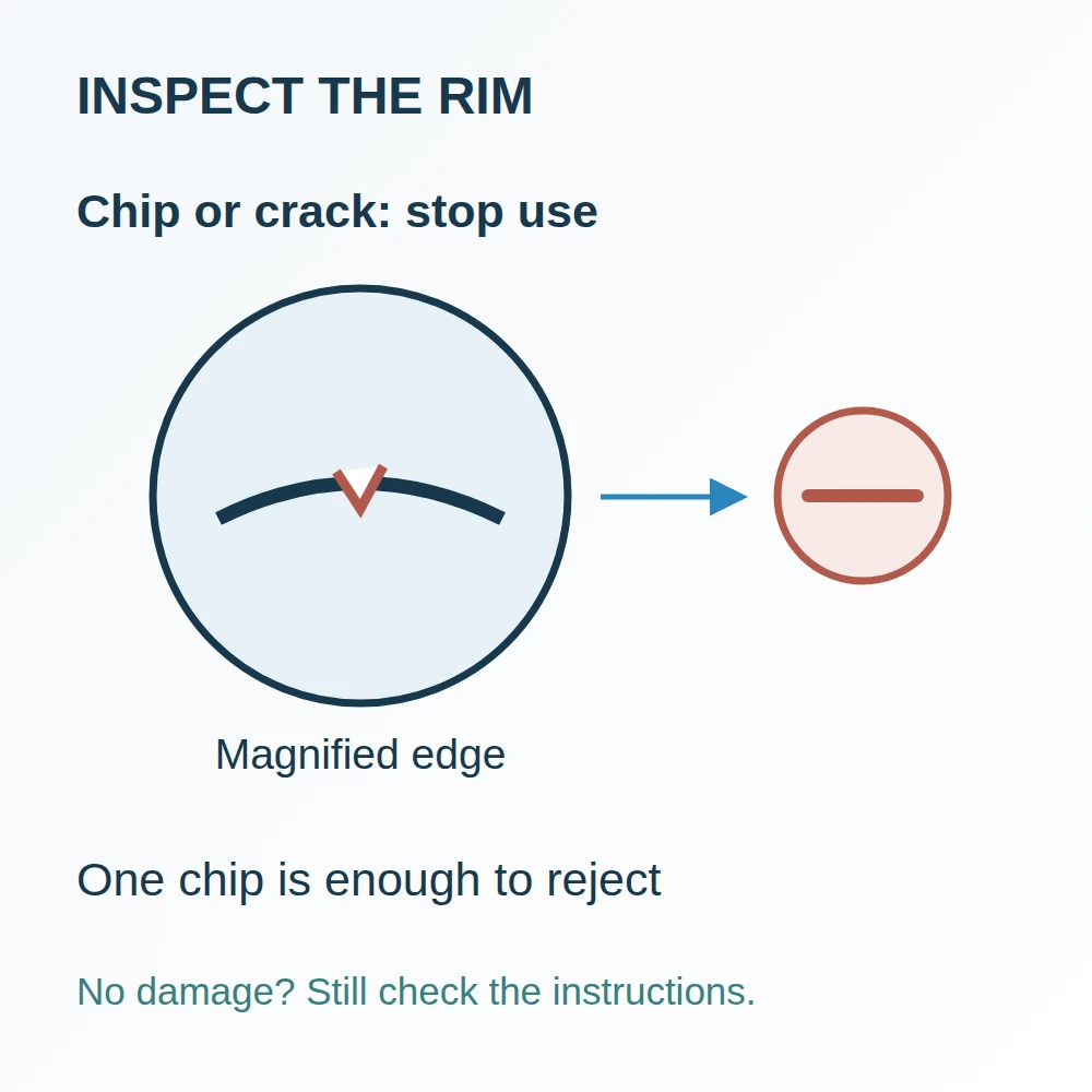 Magnified rim sketch with a chip highlighted and an arrow to a stop-use symbol, followed by a reminder to check instructions even when no damage is visible.