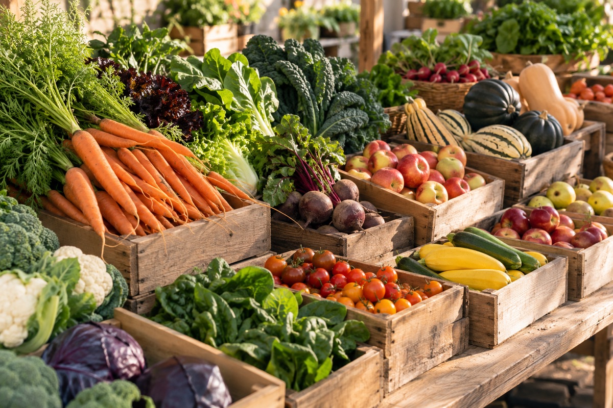 Market table with crates of fresh greens, carrots, apples and squash