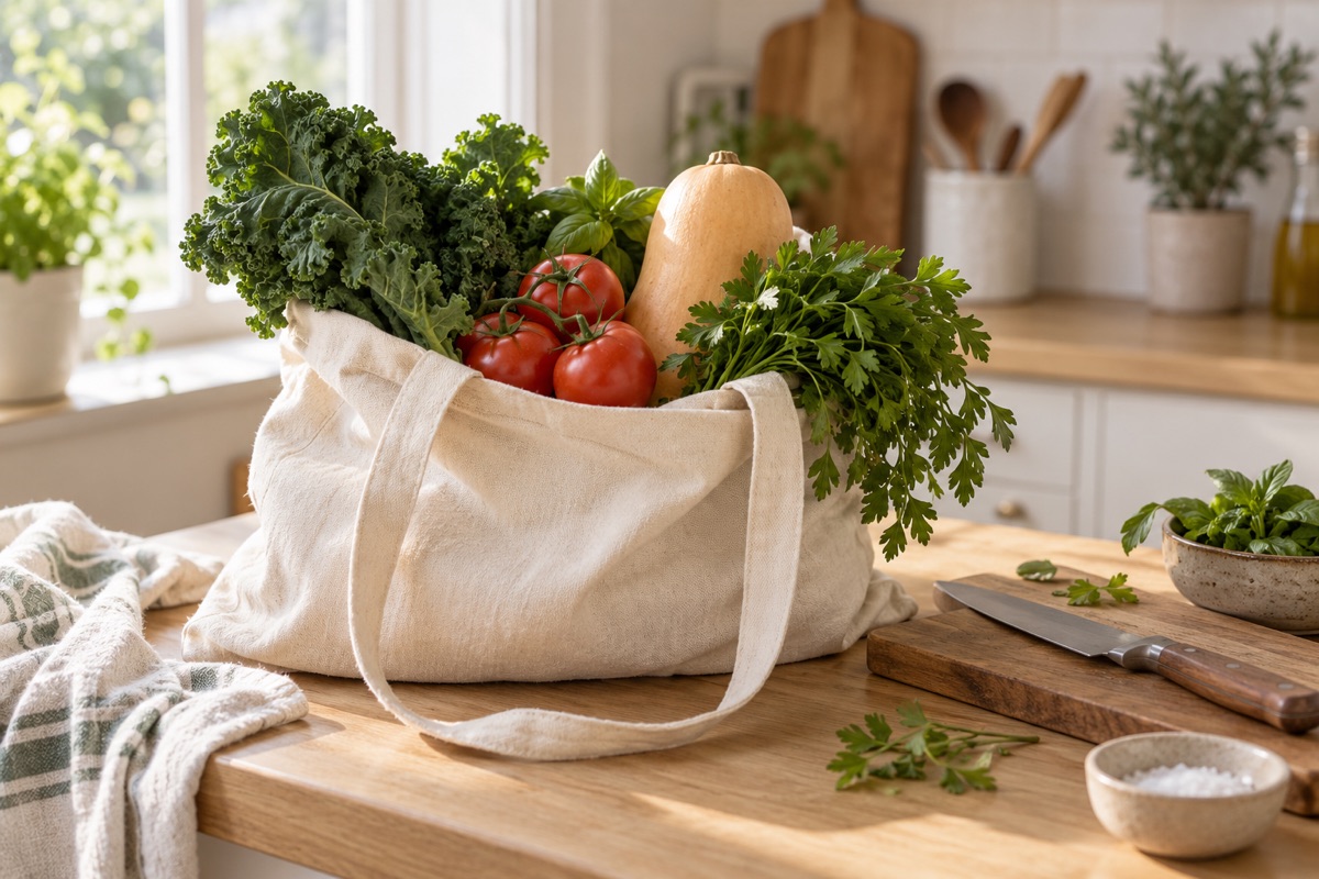 Cloth bag of leafy greens, tomatoes, squash and herbs on a kitchen counter with a cutting board