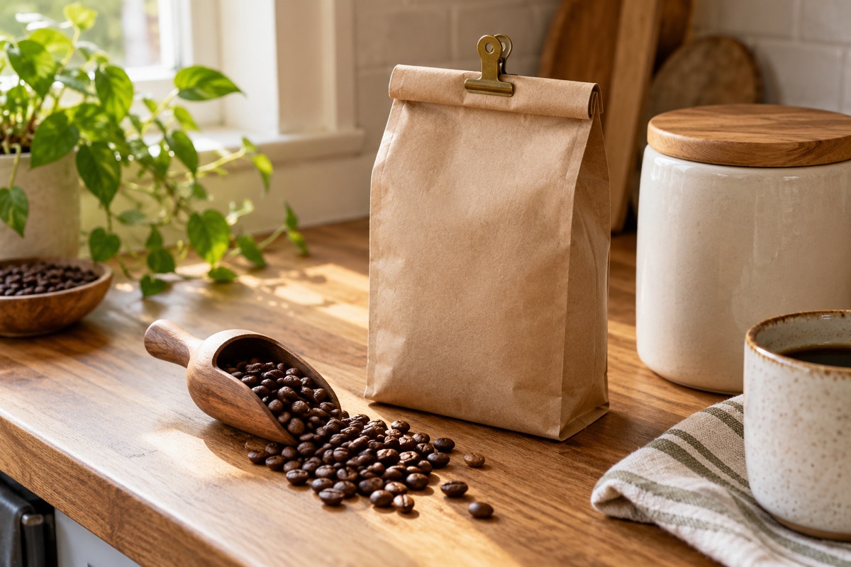 Coffee beans in a scoop beside a clipped plain coffee bag and a ceramic canister on a kitchen counter