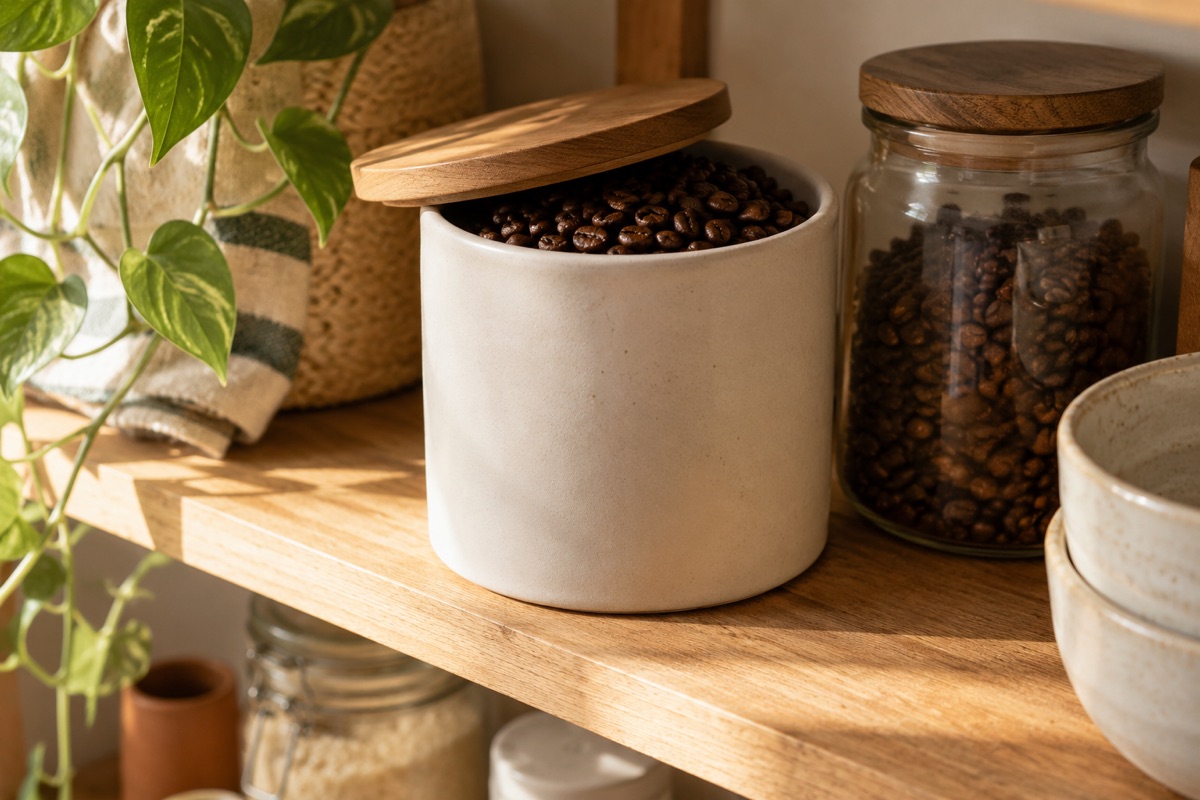 Matte ceramic canister with the lid ajar, whole coffee beans visible inside, next to a glass jar on a pantry shelf