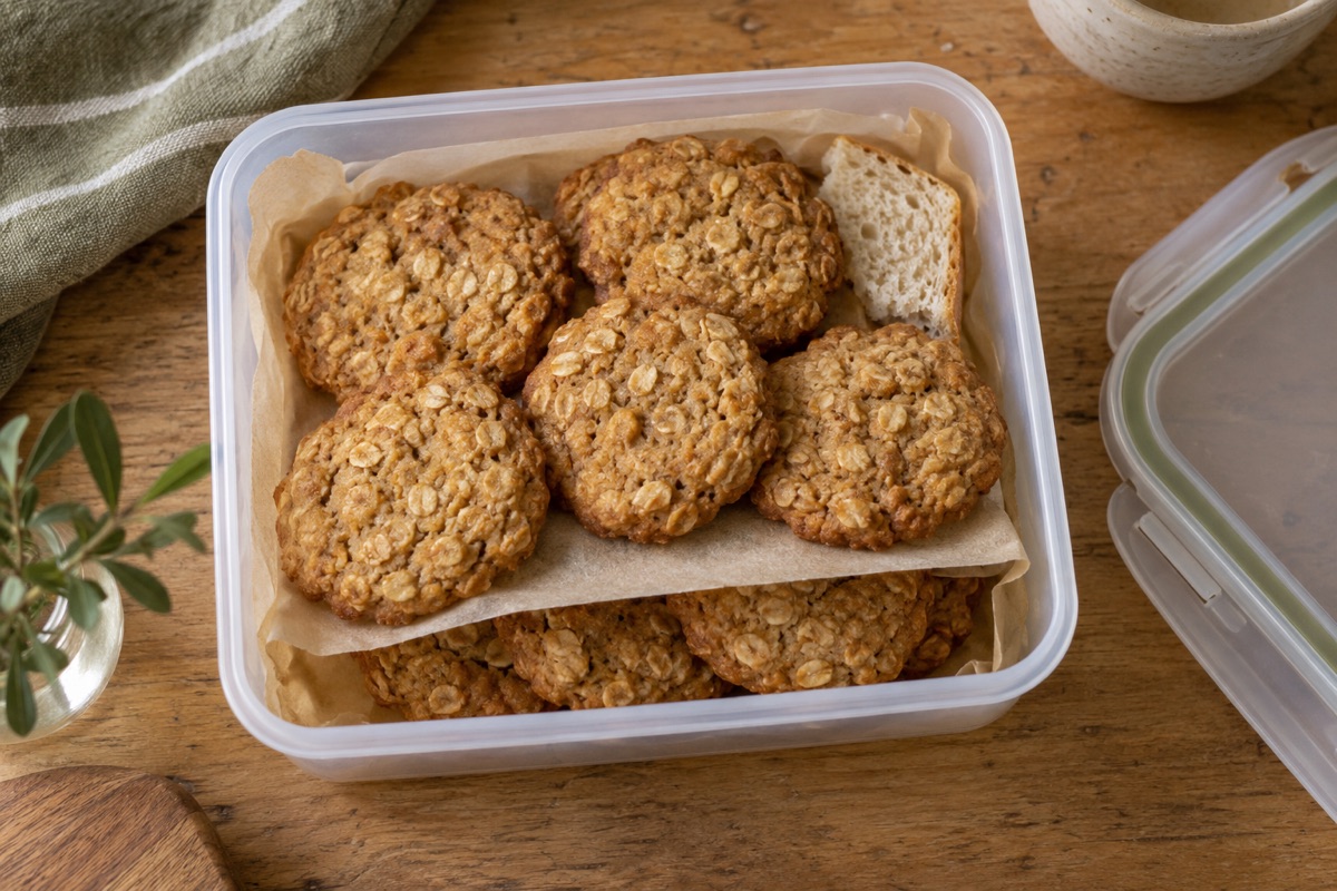 Soft oatmeal cookies layered with parchment in an airtight container