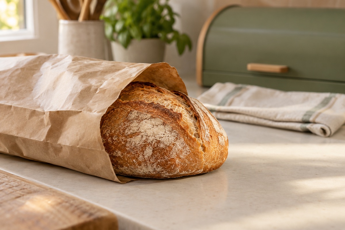 Crusty loaf in a plain paper bag on a counter with a cloth and bread box behind