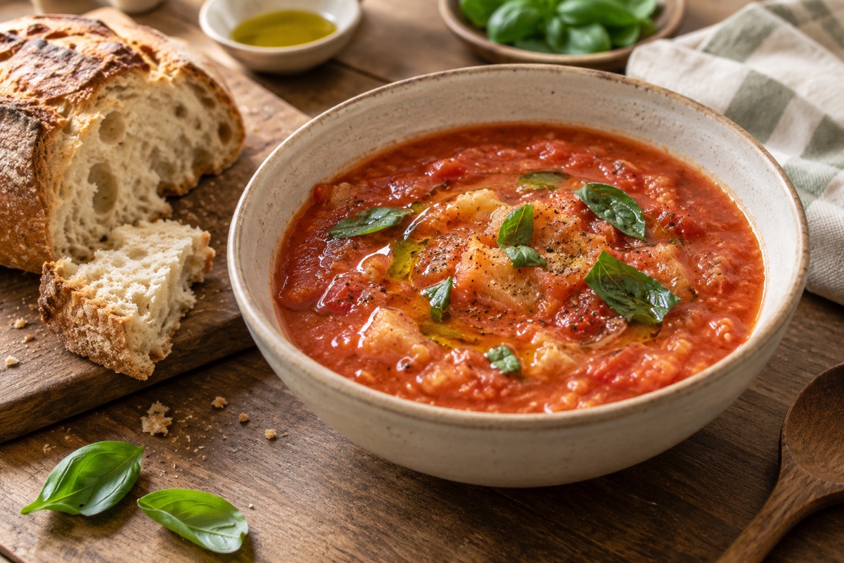Bowl of thick Tuscan tomato and bread soup with olive oil and basil beside a crusty loaf