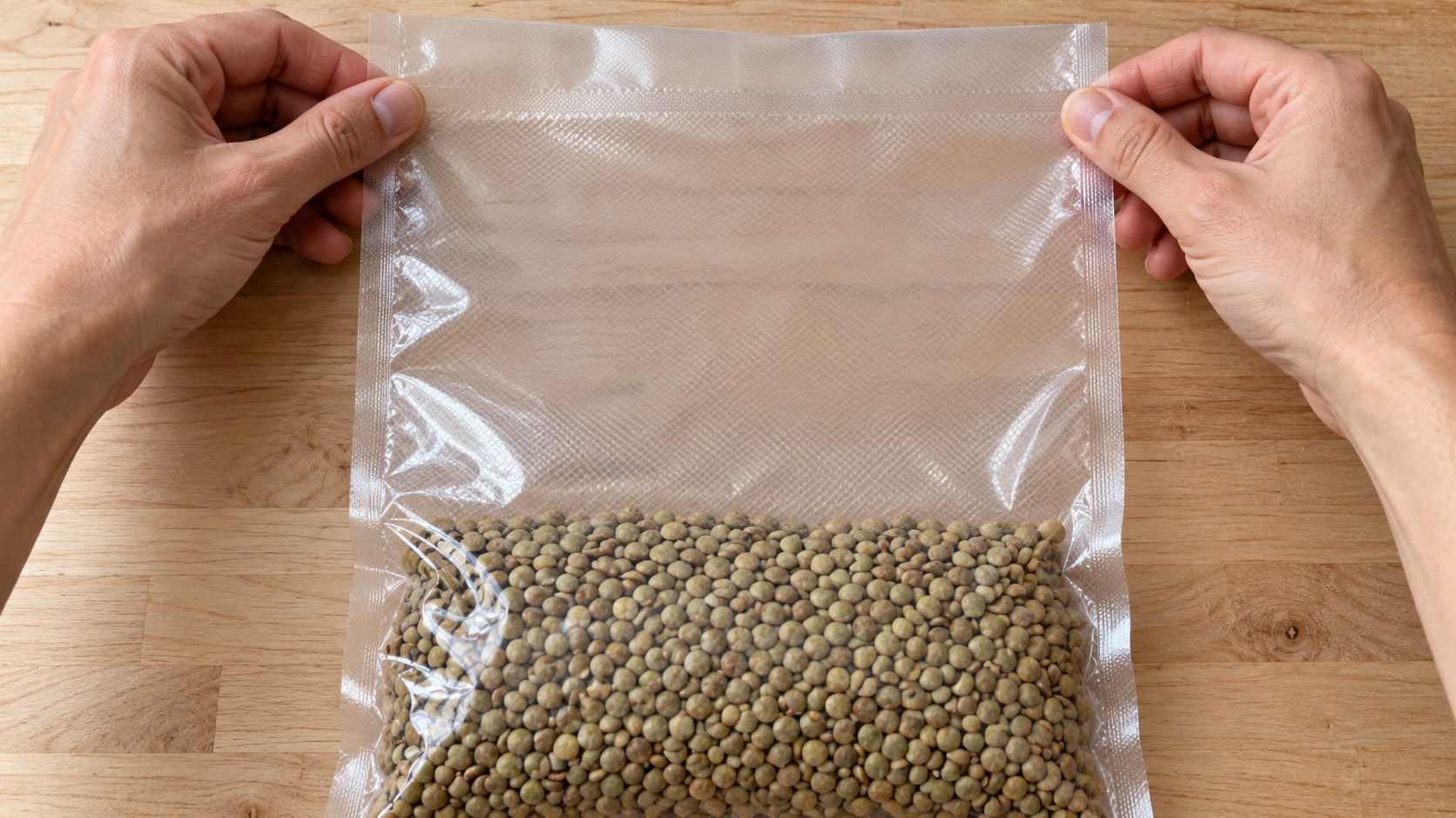 Two hands flattening the clean empty upper portion of a vacuum bag containing dry lentils