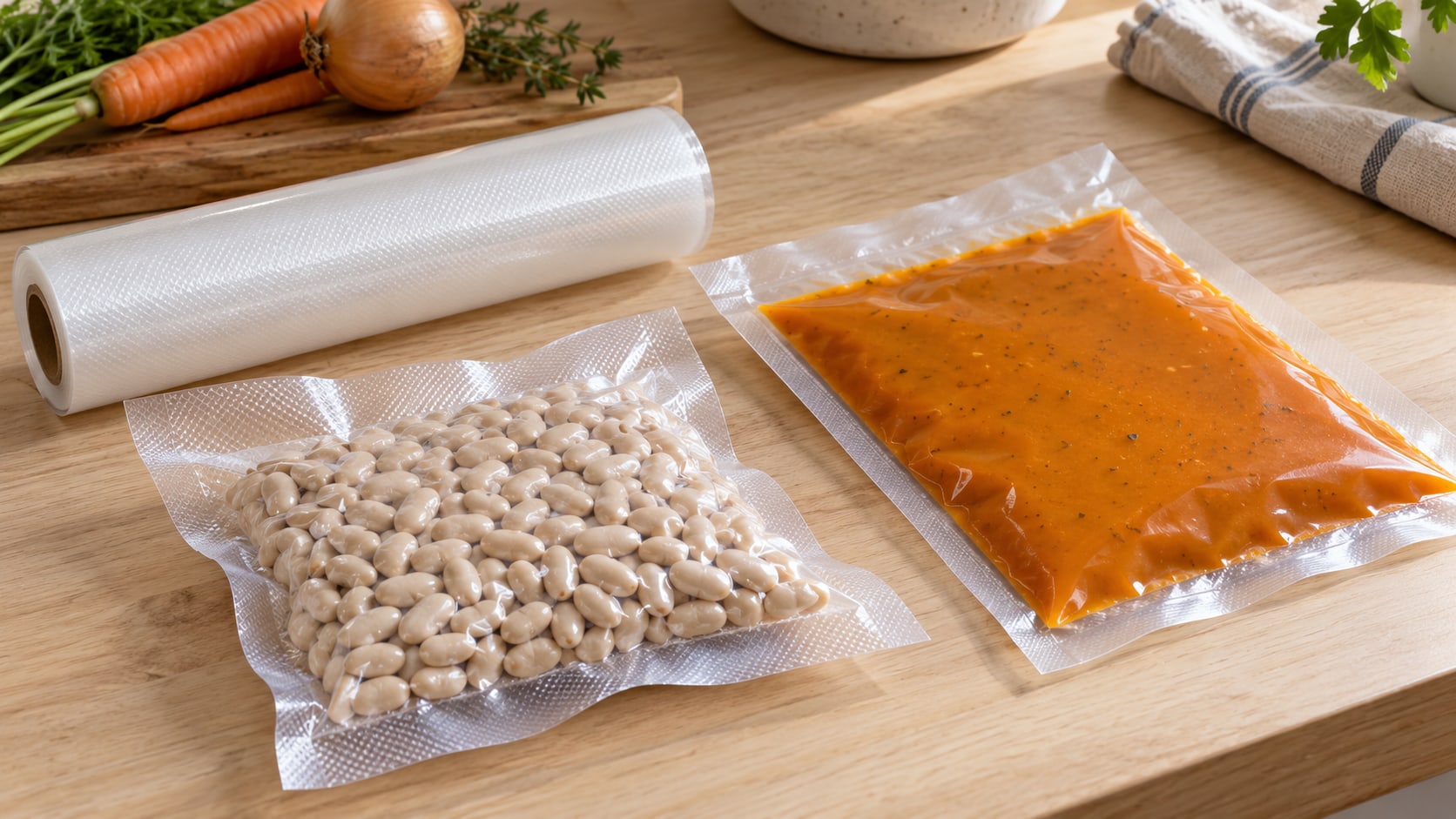 Roll of textured vacuum film beside an embossed pouch of white beans and a smooth pouch of orange soup