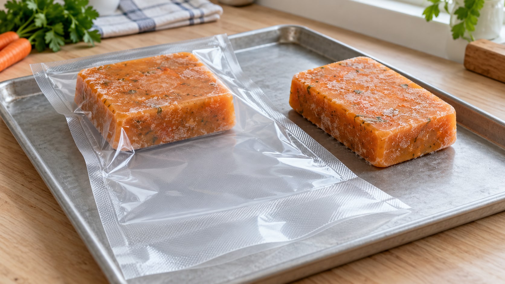 Frozen orange soup blocks on a metal tray, with one inside an open vacuum bag and a clear empty mouth in front