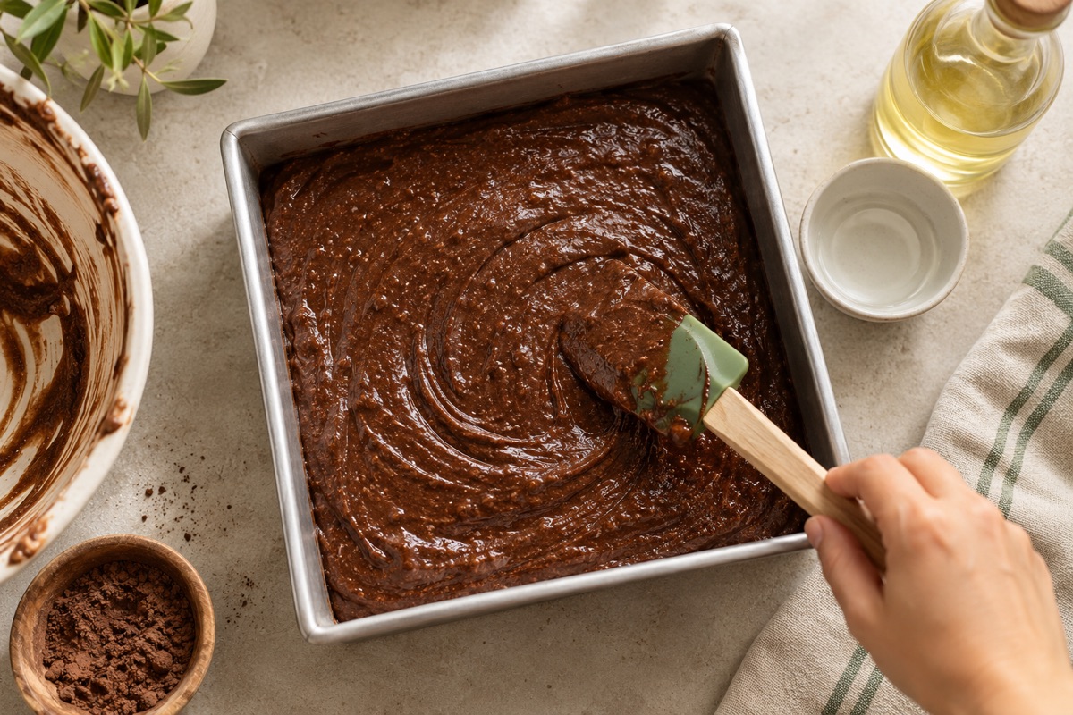 Chocolate batter being stirred in a square metal baking pan with a spatula, vinegar and oil beside it