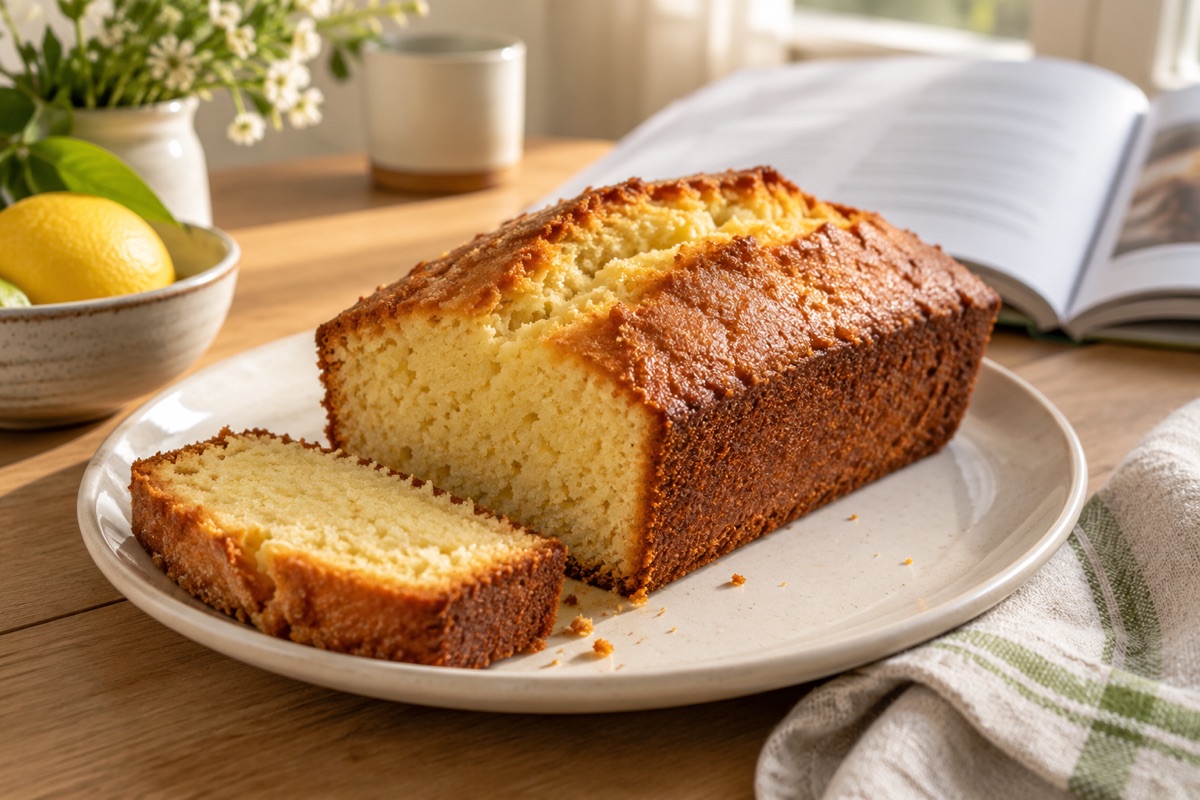 A rustic loaf cake on a plate beside an open recipe page on a table