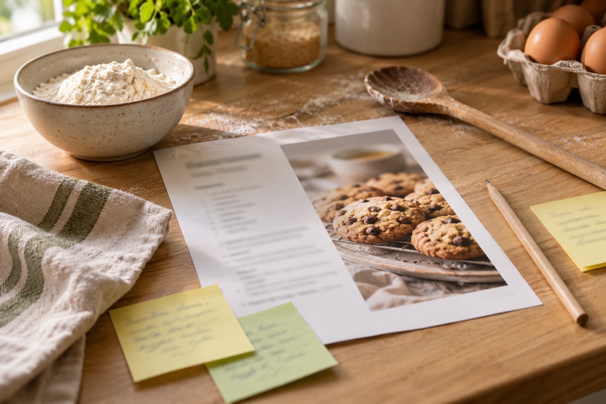 A printed recipe page with sticky notes and a pencil on a counter beside a bowl of flour